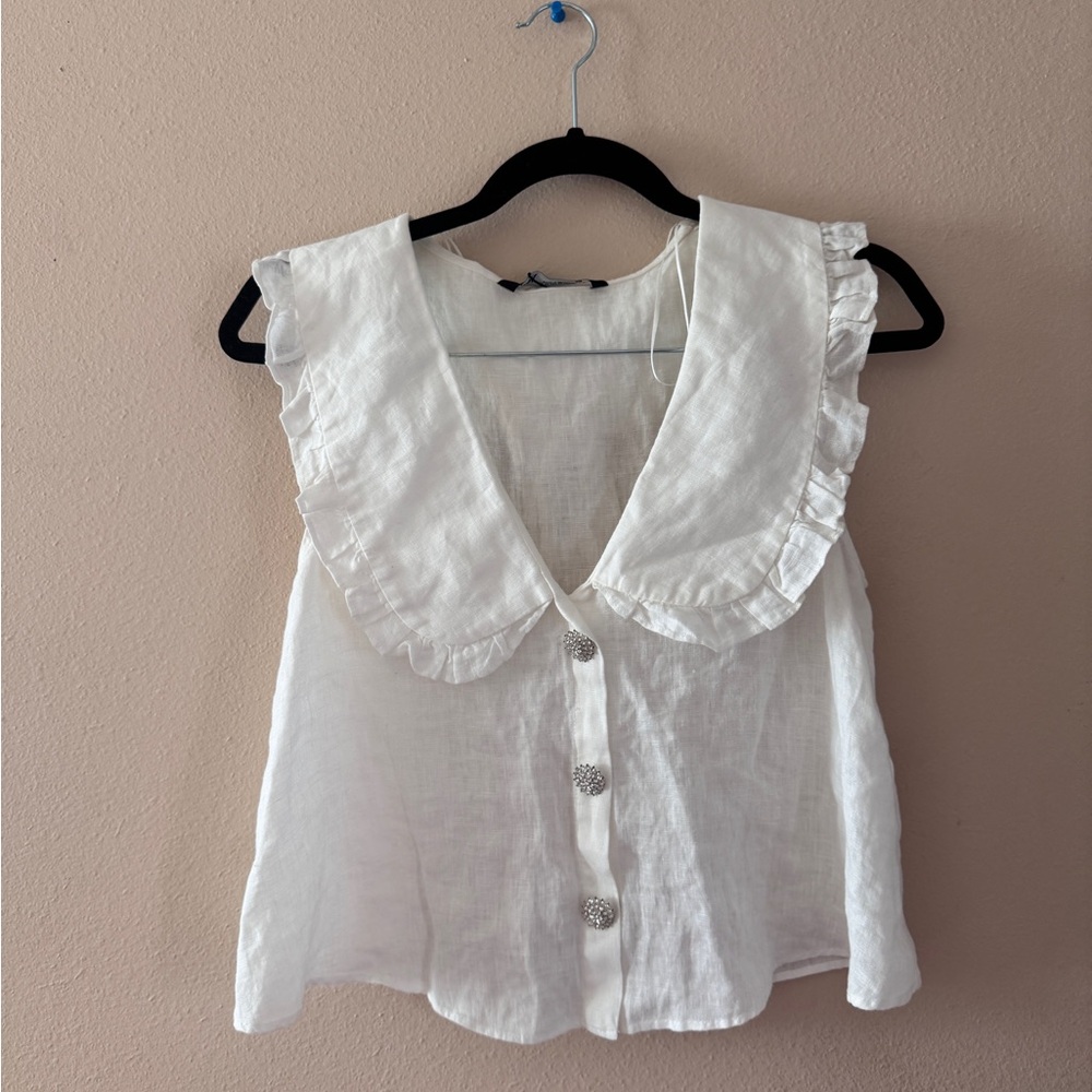 Zara White Ruffled Blouse with Button Detail